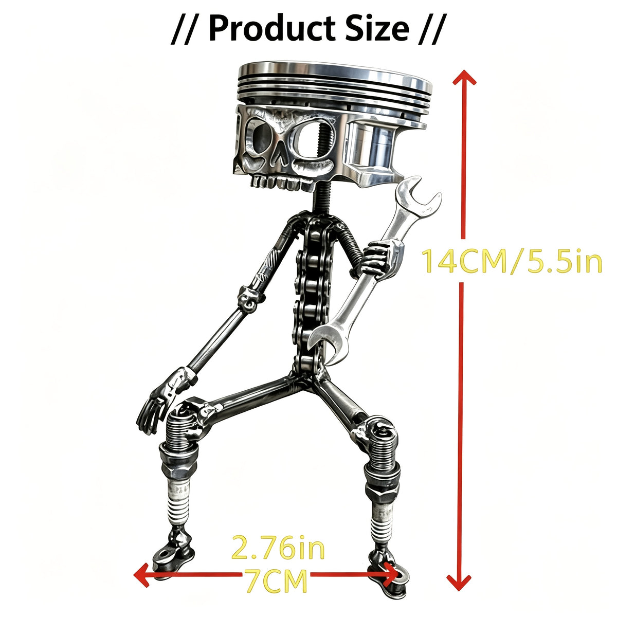 Oddities And Curiosities Piston Skull Sculpture - Art Sculpture Designed Specifically for Car Enthusiasts, Featuring a Gear Base And Handmade Wrench Design. Very Suitable As a Home Or Office Decoration