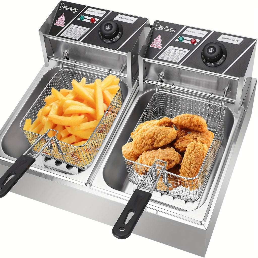 Stainless Steel Electric Deep Fryer with 2 Baskets And Lids, Adjustable Temperature Control, US Plug - Outdoor/Indoor Use for French Fries, Chicken, Donuts, Commercial & Home Kitchens, Deep Fryer Basket