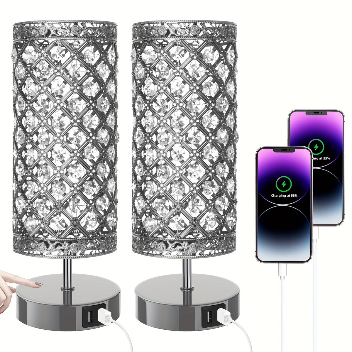 Touch Control Crystal Table Lamps With 2 USB Ports, 3-Way Dimmable Bedside Nightstand Lamps With Decorative Crystal, Small Table Lamps For Bedrooms Living Room, Office, Led Bulb Included
