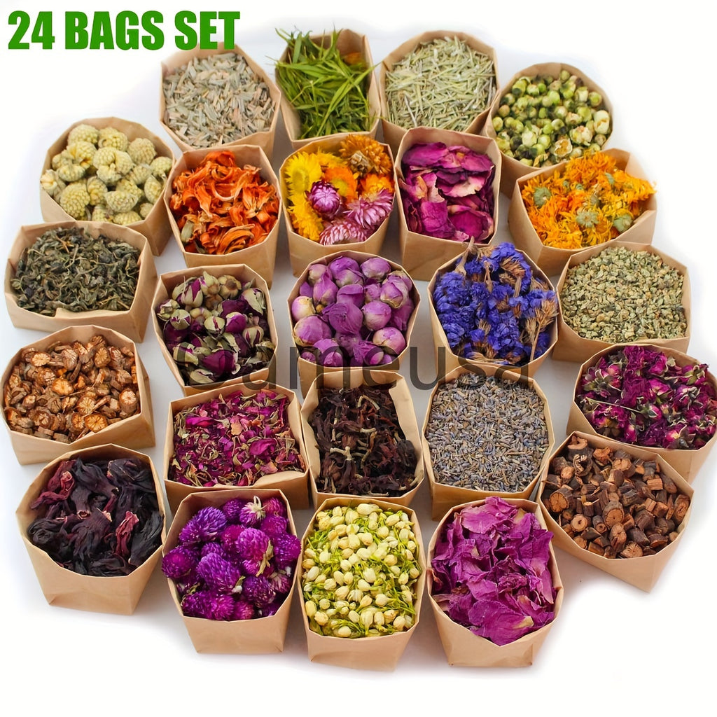 24pcs Set - Dried Flowers Craft Set, Dried Plant Kit, Resin Jewelry Making, DIY Candle, Seasonal Decor, Roses, Jasmine, Peony, Lavender, Forget-me-not, Etc