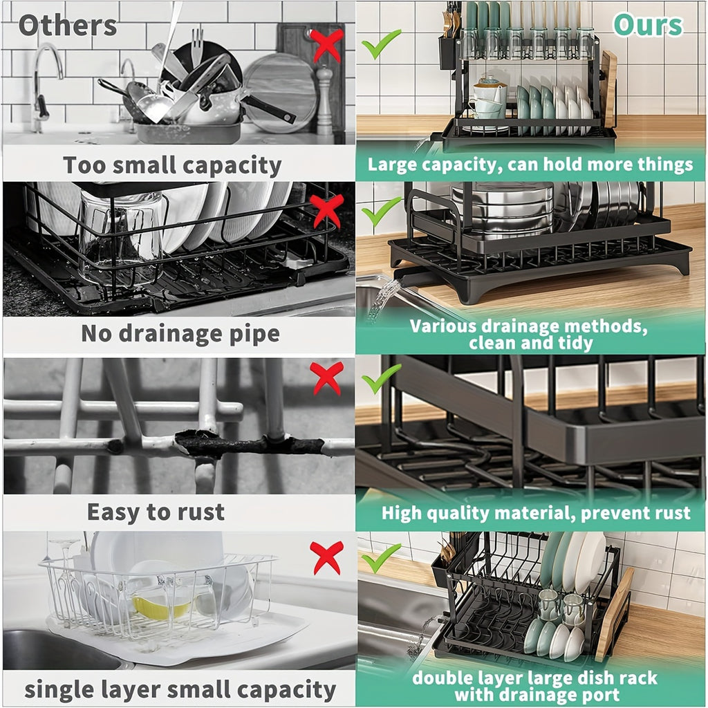 2 Tier Dish Drying Rack for Kitchen Counter, Dish Drainers for Kitchen Counter with Drainboard, Metal Kitchen Dish Rack with Drain, Kitchen Drying Rack Two Tier, Black Dish Racks