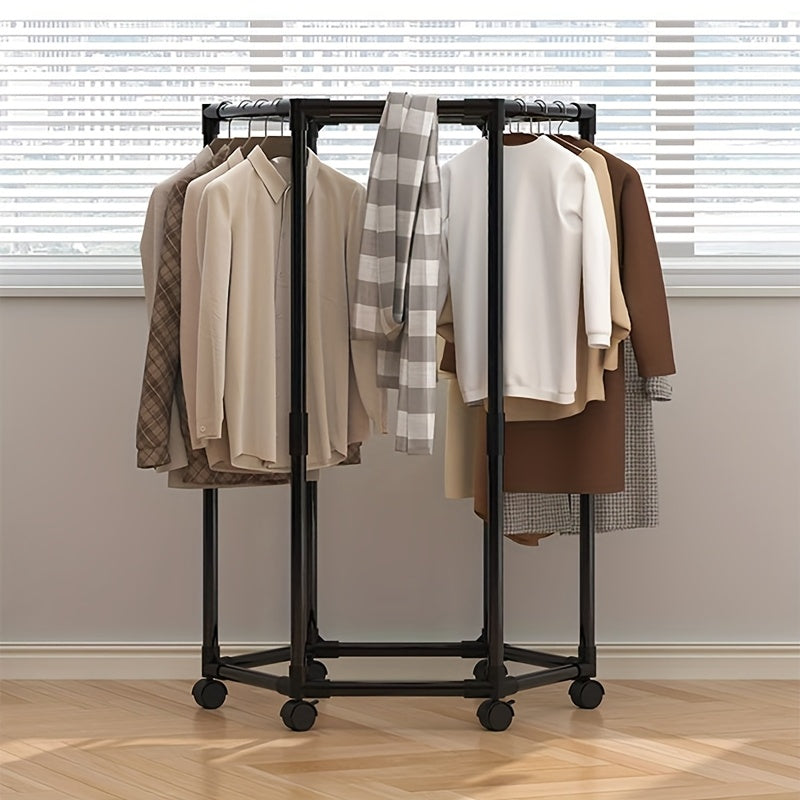 Hexagonal Rotating Garment Rack with Wheels - Heavy-Duty Freestanding 360-Degree Spinning Hanger Suitable for Laundry Room, Space-Saving Mobile Clothing Display, Sturdy Metal Frame for Home Storage & Retail Use, Portable Wardrobe