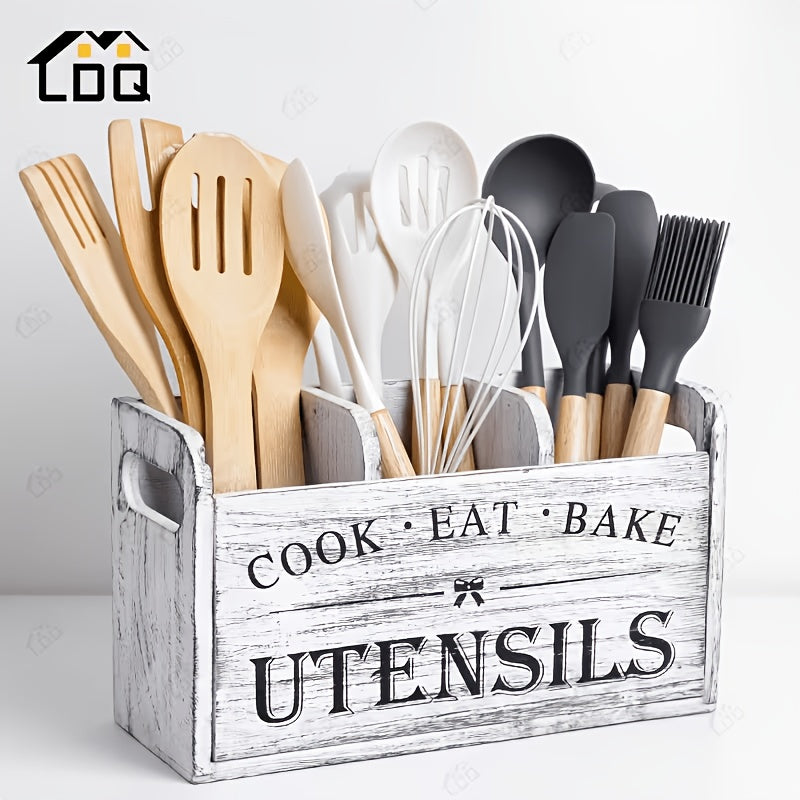 Wooden Utensil Storage Caddy, Extra Large 3-Compartment Rustic Grey White Organizer for Countertop or Wall-Mounted Cooking and Baking Tool Storage