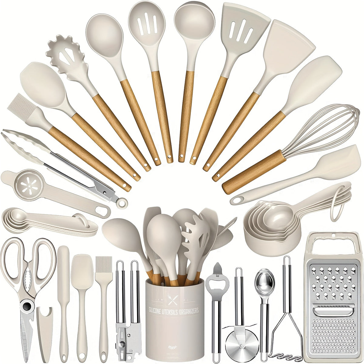 Silicone Kitchen Utensils with Wooden Handles, 34-Piece Cooking Tool Set and Holder for Nonstick Cookware in Black, White, Gray or Khaki for Home Meal Prep