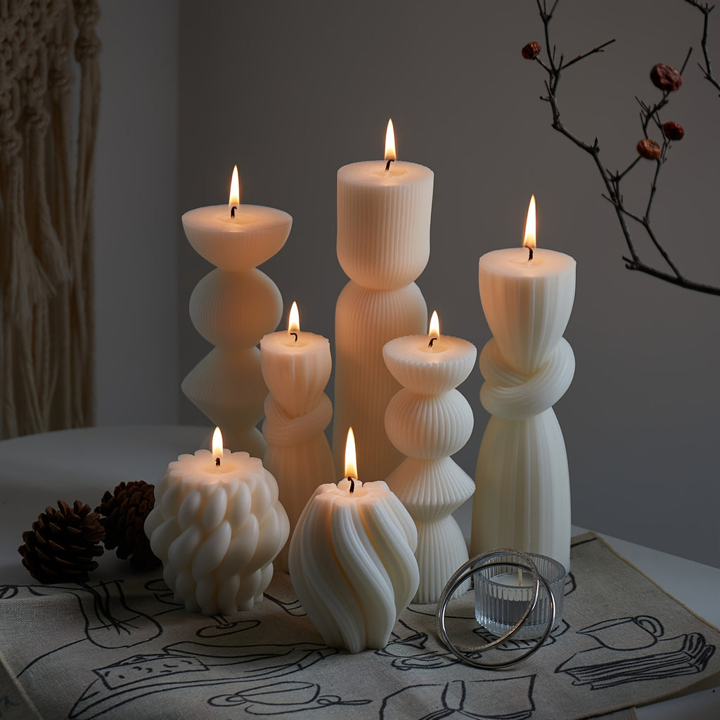 7-Pack Large Ribbed Pillar Candles - Soy Wax Handmade Home Decor Candles For Housewarming Gift, Shelf Decor, Wedding, Dining Table Centerpiece