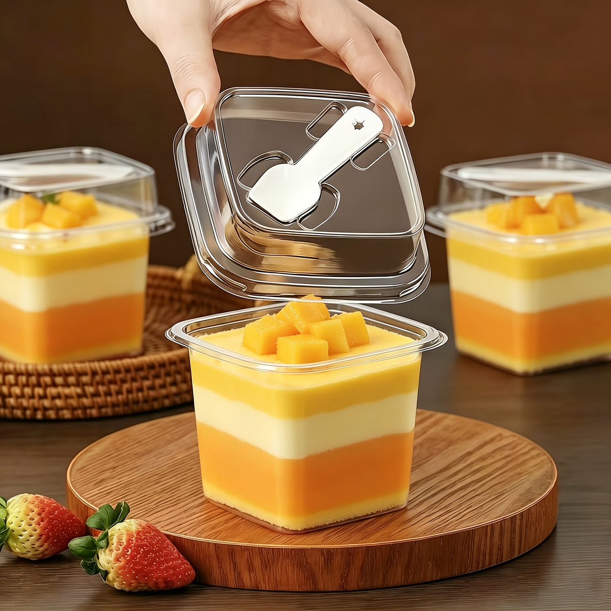 [30pcs Dessert Boxes] 30pcs PET Transparent Square Dessert Boxes, Including (Cake Cup And Lid And Spoon) Dessert Packaging Box With Spoon, Sealed And Leak-Proof, Baking Mille-Feuille Mousse Cake Packaging Container, Suitable For Cakes, Mousses, Fruits, Ic