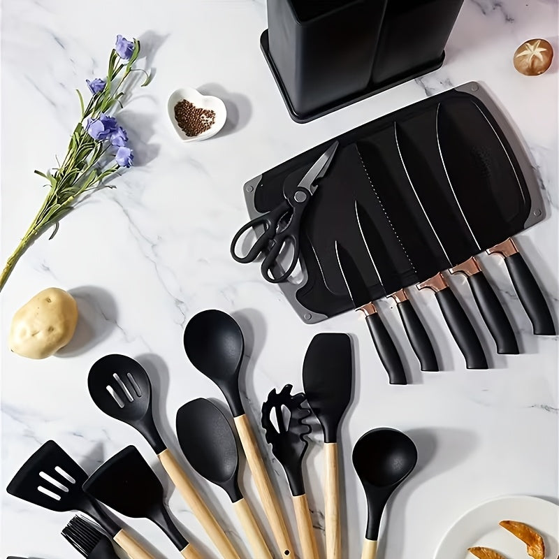 19pcs Non-Stick Silicone Cookware Set with Bamboo Storage Containers And Knives - Heat-Resistant Pots, Pans, Utensils - Kitchen Tools for Frying, Boiling - for Induction Stovetops And Ovens (Wooden Handle)