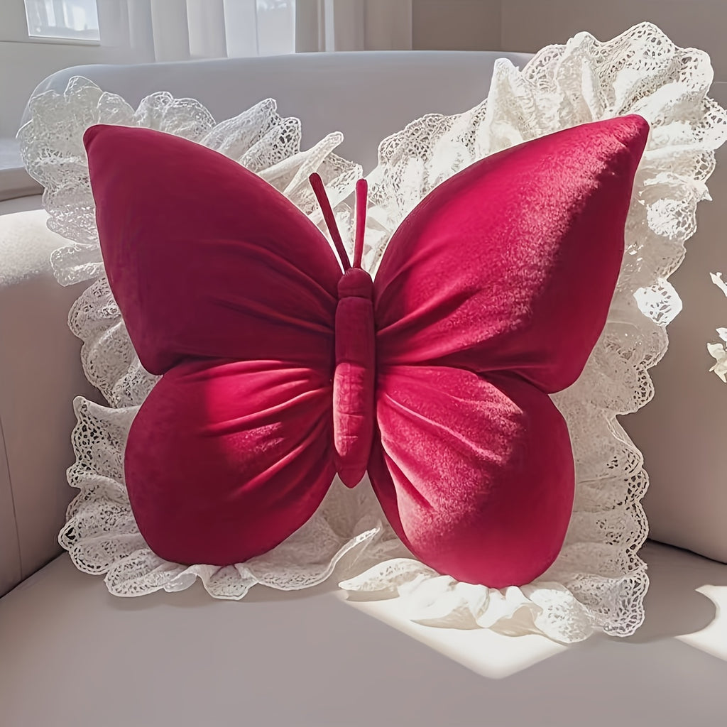 Butterfly-Shaped Decorative Pillow Home Decor Cushion with White Lace Trim Luxurious Velour Fabric And Fill Lumbar Support Cushion for Sofas, Beds, Cars, Offices - Perfect Gift for Women, Housewarming, Christmas, Valentine'S Day Machine Washable