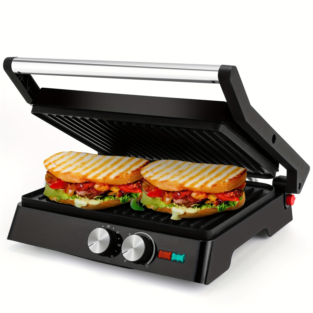 3-in-1 Electric Indoor Grill - Panini Press With Non-Stick Cooking Plates, Opens 180-Degree Gourmet Sandwich Maker, Floating Hinge Fits All Foods, Panini Press Grill With Grease Tray