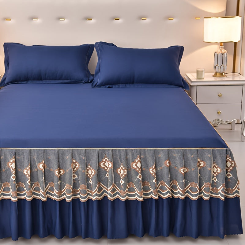 3pcs Macrame Bed Skirt Set (Bed Skirt *1+ Pillowcase*2, Without Core), Solid Color Double Layer Lace Bed Skirt All Seasons Universal Non-Slip Bedding