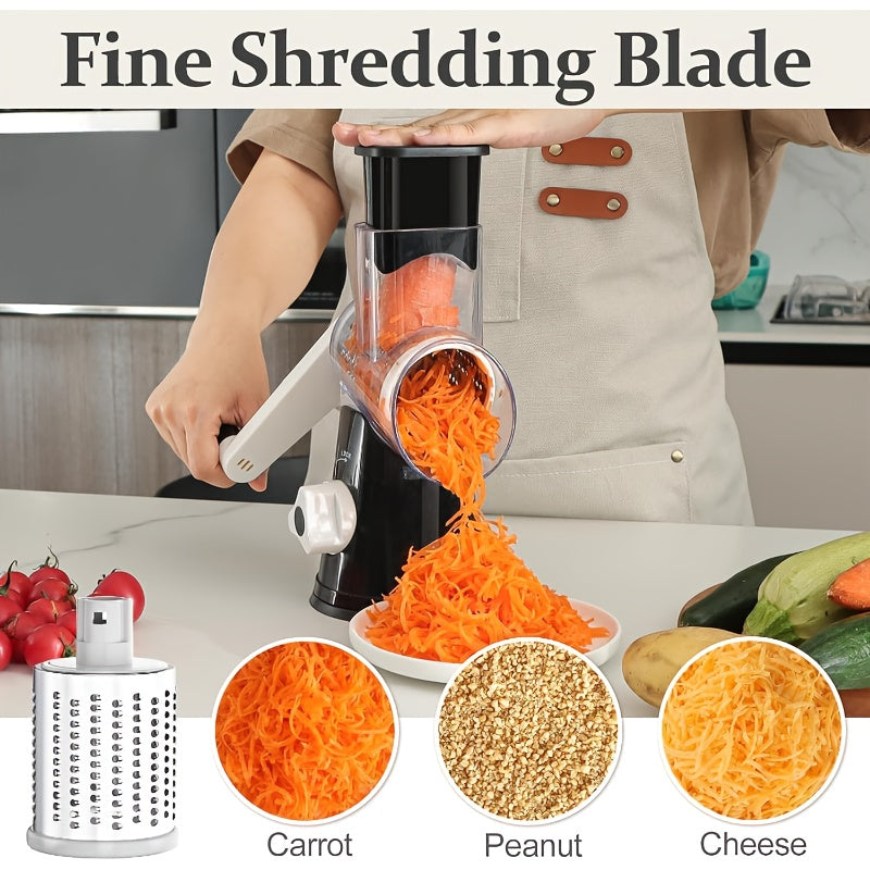 Rotary Cheese Planer Hand Crank Cheese Shredder Fresh Cheese, Vegetable Nuts, Non-Slip Suction Base, Free Cleaning Brush Three Blades