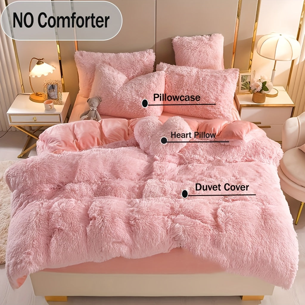 3/4pcs Plush Faux Fur Comforter Cover Set for Kids & Teens - Includes Pillowcases + Plush Heart Pillow - Twin/ Queen/ King Sizes - Super Soft, Warm, Machine Washable (Duvet Cover Only, No Comforter)