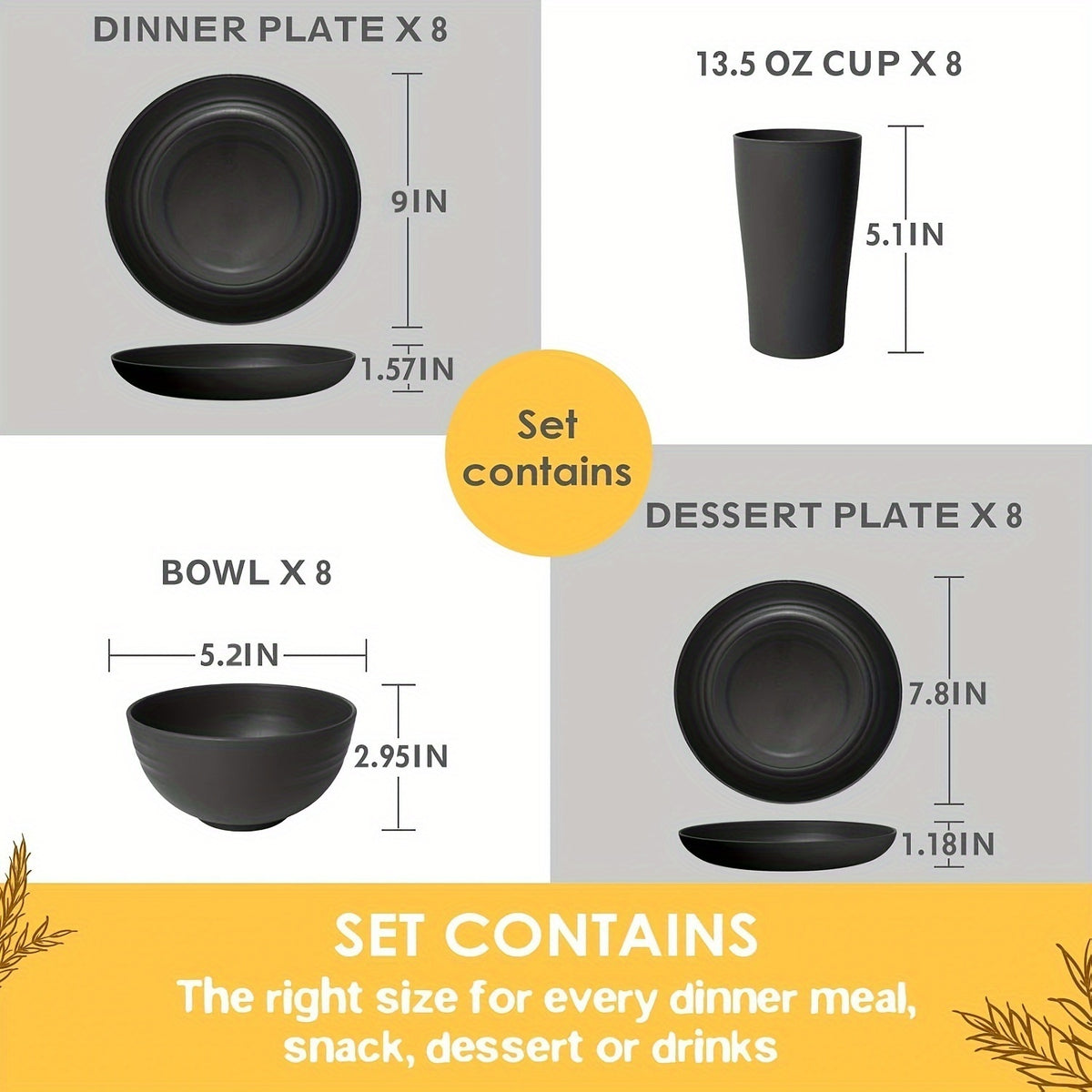 16/32pcs Kitchen Plastic Wheat Straw Tableware Set, 4/8 People, Plates, Dessert Plates, Cereal Bowls, Cups, Unbreakable, Lightweight Shatterproof for Camping/Daily Use/Parties/Weddings, Gift for Halloween/Christmas, Local Warehouse Item