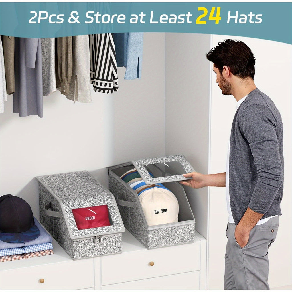 4/2pcs Stackable Baseball Cap Storage Box with Clear Viewing Window, Holds Up to 30 Caps Hat Organizer for Closet, Suitable for Men, Women, Gray, Space-Saving Design for Underwear, Socks, Toys