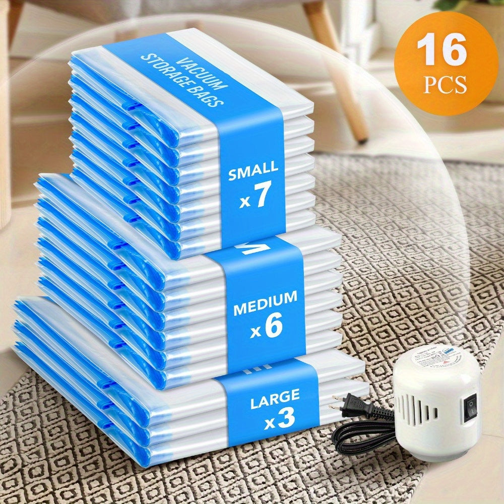 Vacuum Compression Bags with Electric Pump, 16-Pack Clear Blue Storage Set with 7 Small, 6 Medium and 3 Large Bags for Clothes, Bedding and Travel