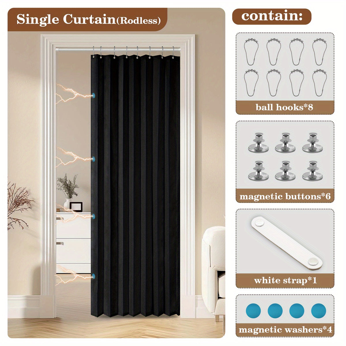 1pc Foldable Door Curtain, No-Rods Partition Privacy Waterproof, with Hook Attachment And Binding, All Season Available Bathroom