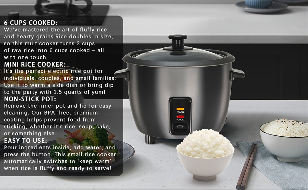 Rice Cooker with Removable Non-Stick Pot, Yogurt Maker with Auto Keep Warm Function, Large Capacity 6-Cup (Cooked) 1.5 Qt, 3-Cup (Uncooked), One-Touch Operation Grain Cooker, Multicooker, Stainless Steel Inner Liner, Steamer, Oatmeal Cooker
