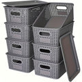 Plastic Storage Baskets with Lids, 8-Piece Woven-Look Organizer Set in Grey Black or White for Desktop Supplies, Documents and Home Shelf Storage