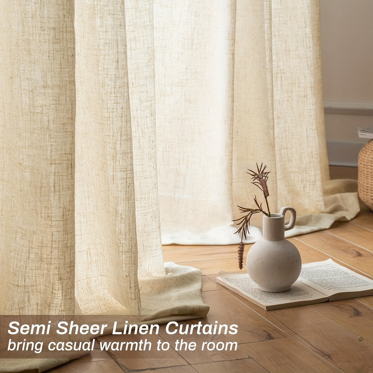 4 Panels Natural Linen Curtains for Living Room Semi Sheer Farmhouse Real Flax Rod Pocket Back Tab Boho Rustic Light Filtering Window Drapes for Bedroom Privacy Assured