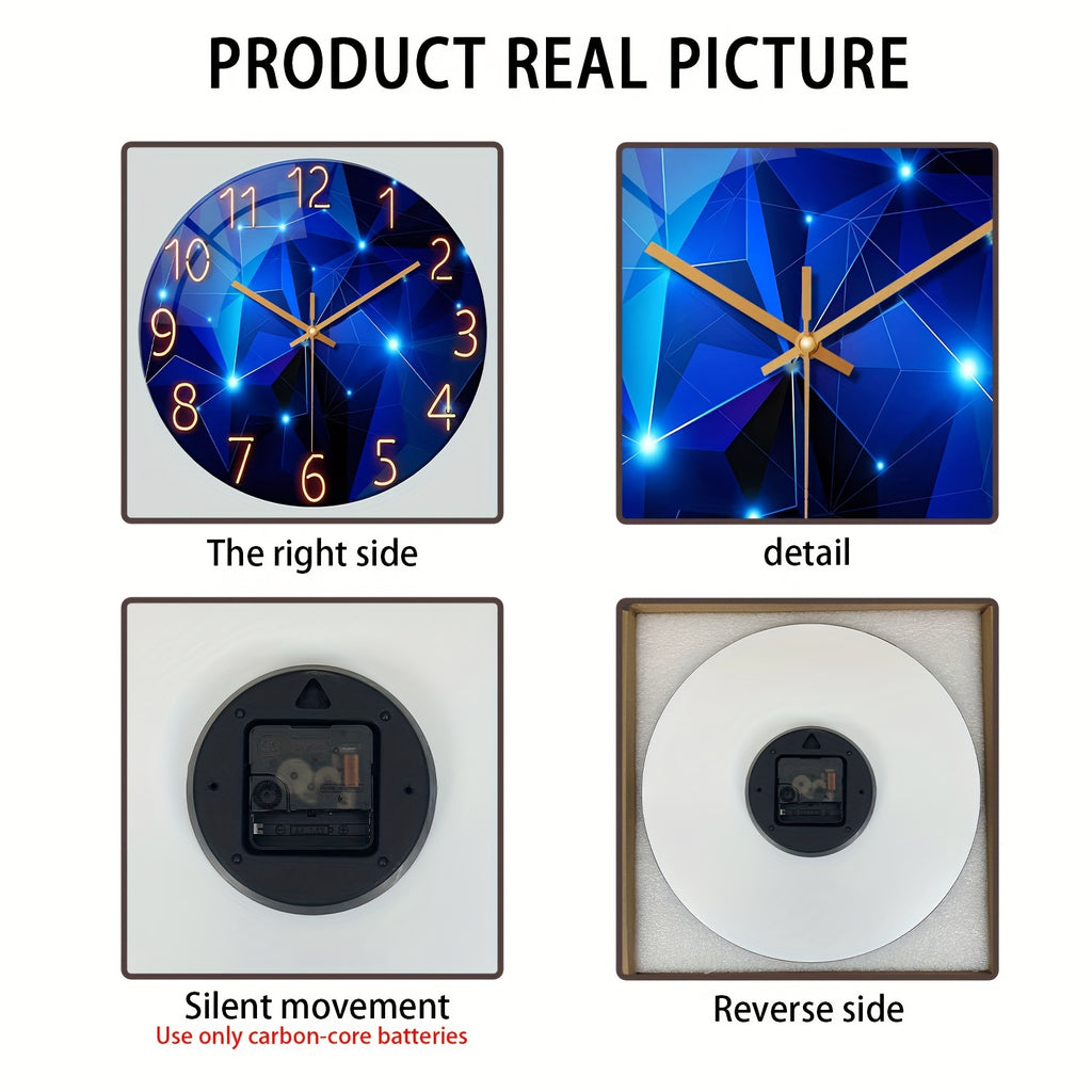 Large Modern Blue Glass Wall Clock - Dark Blue Accessories, 12-24 Inch Silent Quartz Clock, Battery-powered, Suitable for Living Room, Bedroom, Office Decorative Clock, Housewarming Gift, Home Decoration, Fantasy-style Design