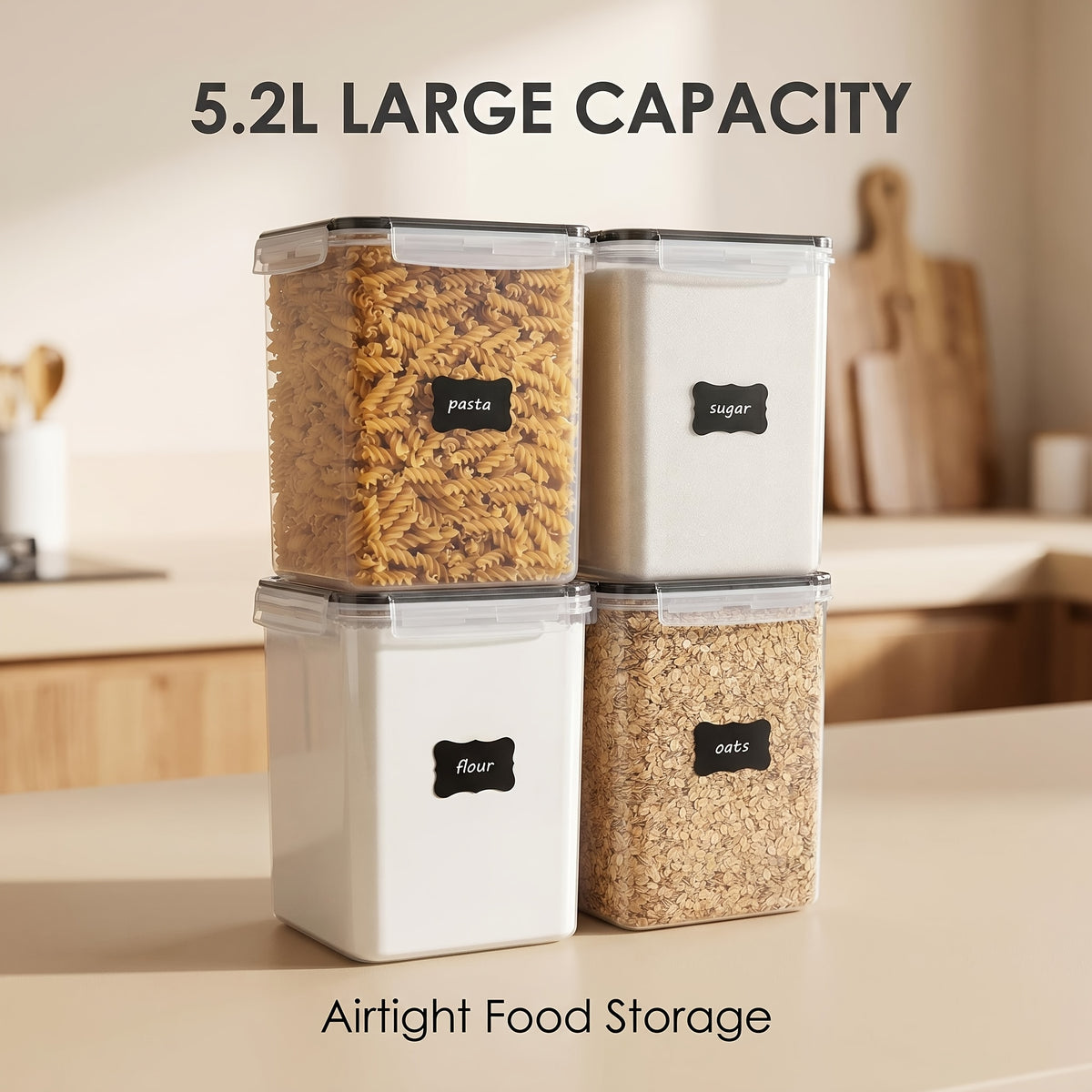 4pcs Large Food Storage Containers, BPA Free Plastic Airtight Canisters for Flour, Sugar, Baking Supplies, Rice with Lids, Black