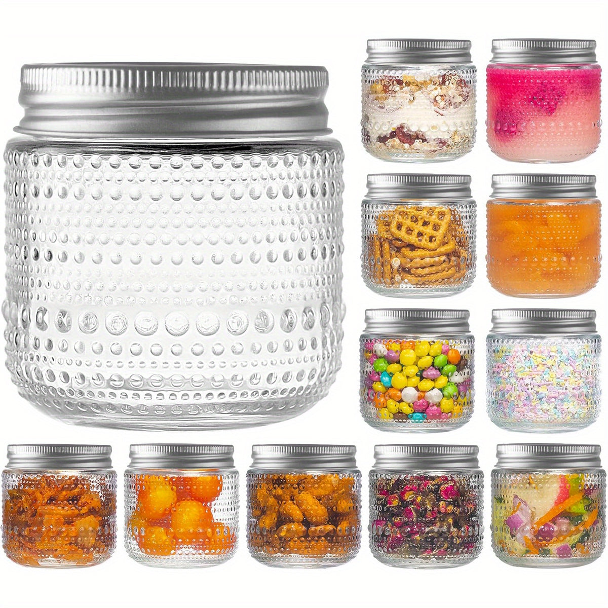Small Mason Jars with Lids 8oz, 12 Pack Vintage Clear Glass Regular Mouth Storage Jars with Silver Metal Lids for Honey Jam and DIY Decor