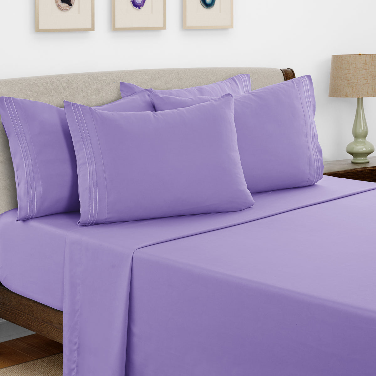 Lux Decor 6 Pieces Solid Bed Sheets Set - Modern Soft Comfortable Bedding Set, Hotel Luxury Skin Friendly Cooling Sheets & Embroidered Pillowcases Without Filler - All Seasons Bed Sheet with 16 Inches deep Pocket, Breathable Skin Friendly & Cooling Sheets