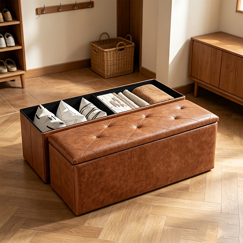 30/43 Inch Heavy Duty Folding Storage Ottoman Bench with Shoe Cabinet & Thick Padded Seat - Retro Suitable for Small Spaces, Multifunctional Footrest Stool, End of Bed Bench for Bedroom, Living Room, Entryway, Fabric,