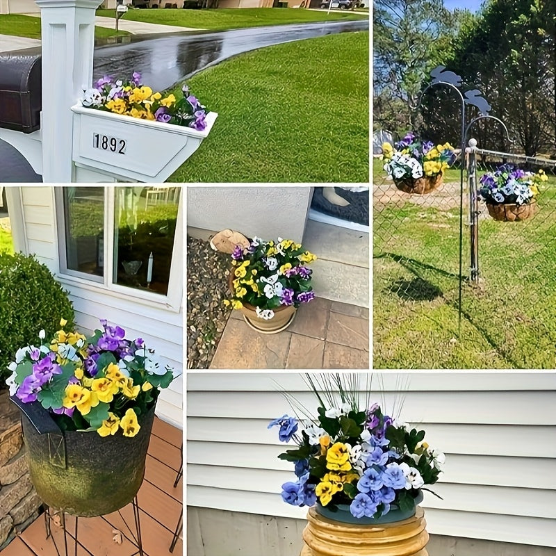 Artificial Pansy Flowers, 6-Bunch Yellow Purple and White Plastic Floral Set for Indoor Outdoor Home and Garden Decor, Low-Maintenance Arrangements