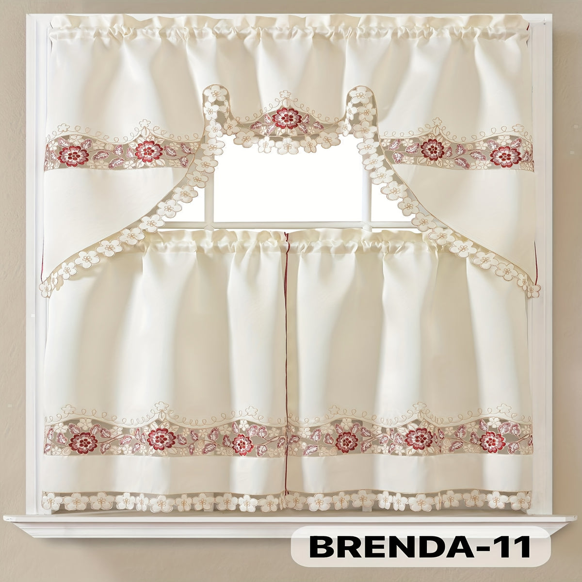 3pcs Bamboo Embroidered Kitchen Curtain Set, Floral Embroidery, Lightweight and Soft, Easy Care, Machine Washable, Satin Fabric, Embroidered