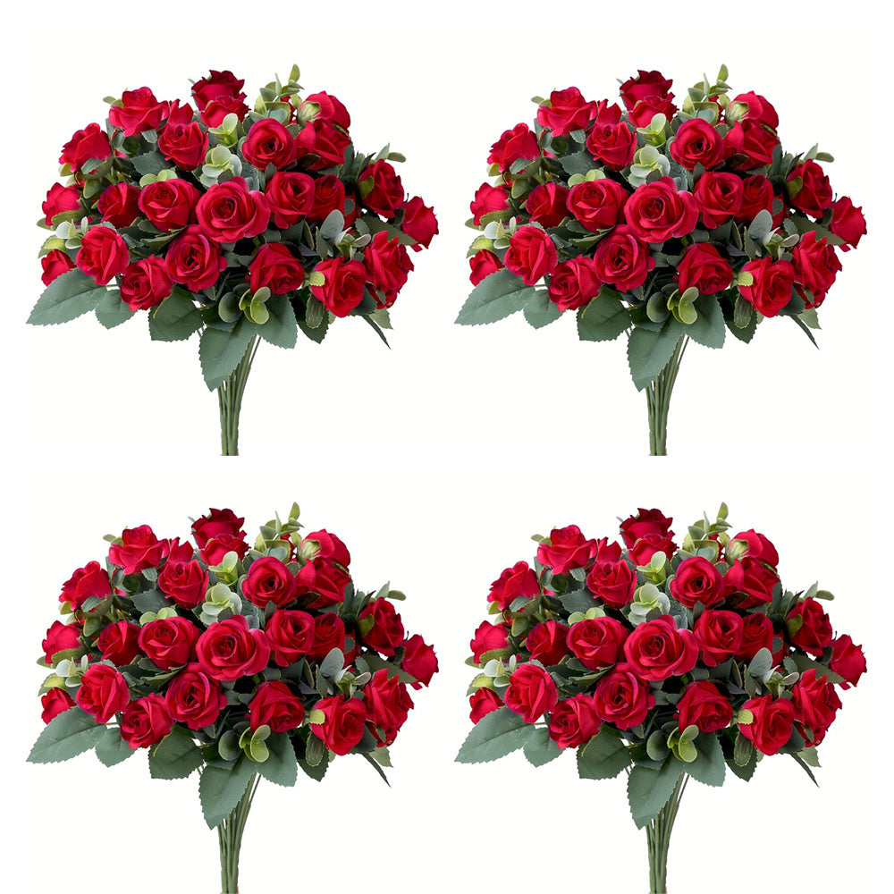 4 Bunches of Realistic Artificial Roses - Vibrant Pink, Red, White And Green Plastic Faux Flowers, Suitable for Valentine'S Day, Weddings, Home Decoration, Indoor/ Outdoor Flower Arrangements (No Maintenance Required)
