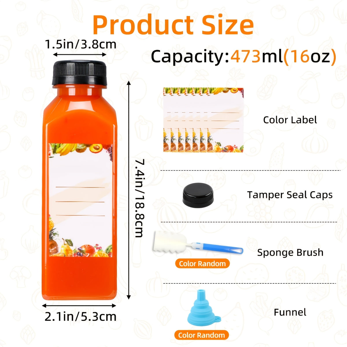 Of 127/140/141/199 Empty Plastic Bottles, Party Cups, with Tamper-Proof Black Caps, 1 Rubber Funnel&1 Sponge Brush(Random Color), 12Oz/16Oz Empty Plastic Juice Bottles with Caps, Bulk Clear Beverage Containers for Juicing, Drinking, Other Beverages