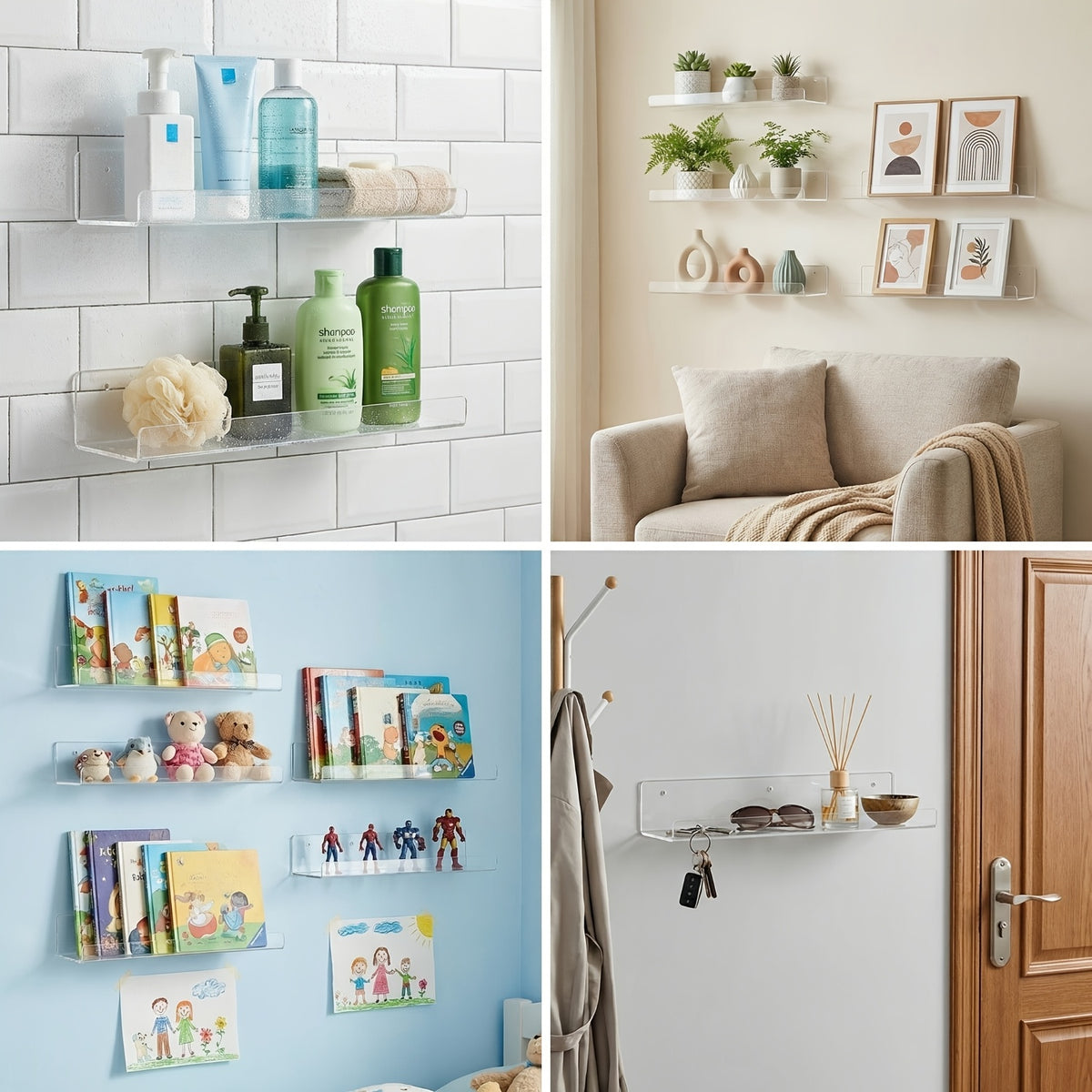 4/8/16 Pack Acrylic Shelves for Wall Storage, Room Decor, 15*4" Floating Bookshelves, Display Shelf Organizer for Bathroom, Bedroom, Living Room, Kitchen, Room Decor, Clear