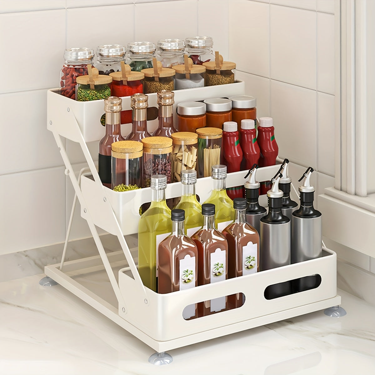 3-Tier Foldable Cast Iron Spice Rack Organizer with Safety Rails - Space-Saving Countertop & Cabinet Storage for Kitchen, Pantry - Durable Painted Finish, Holiday-Themed Design, Kitchen Spice Organizer, Space Saver, Sleek Metal Style, Sturdy Construction