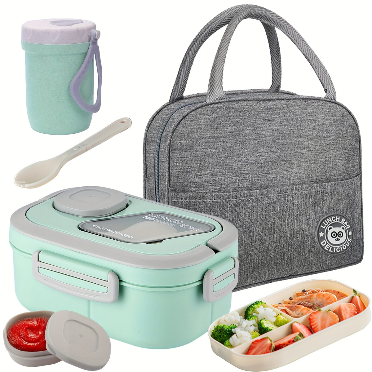 Two Tier Bento Lunch Box, Divided Meal Container in Pink, Blue, Green or White with Optional Cup and Lunch Bag Sets for School, Office and Picnics