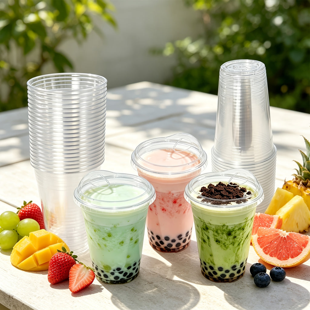[100 Sets Of Plastic Cups with Lids]Frozen Cold Drink Storage Containers, Disposable Clear Plastic Cups with Lids, Iced Coffee Cups, Ideal for Iced Coffee, Smoothies, Milkshakes, Takeaway And Cold Drinks Perfect for Halloween, Christmas, And Parties