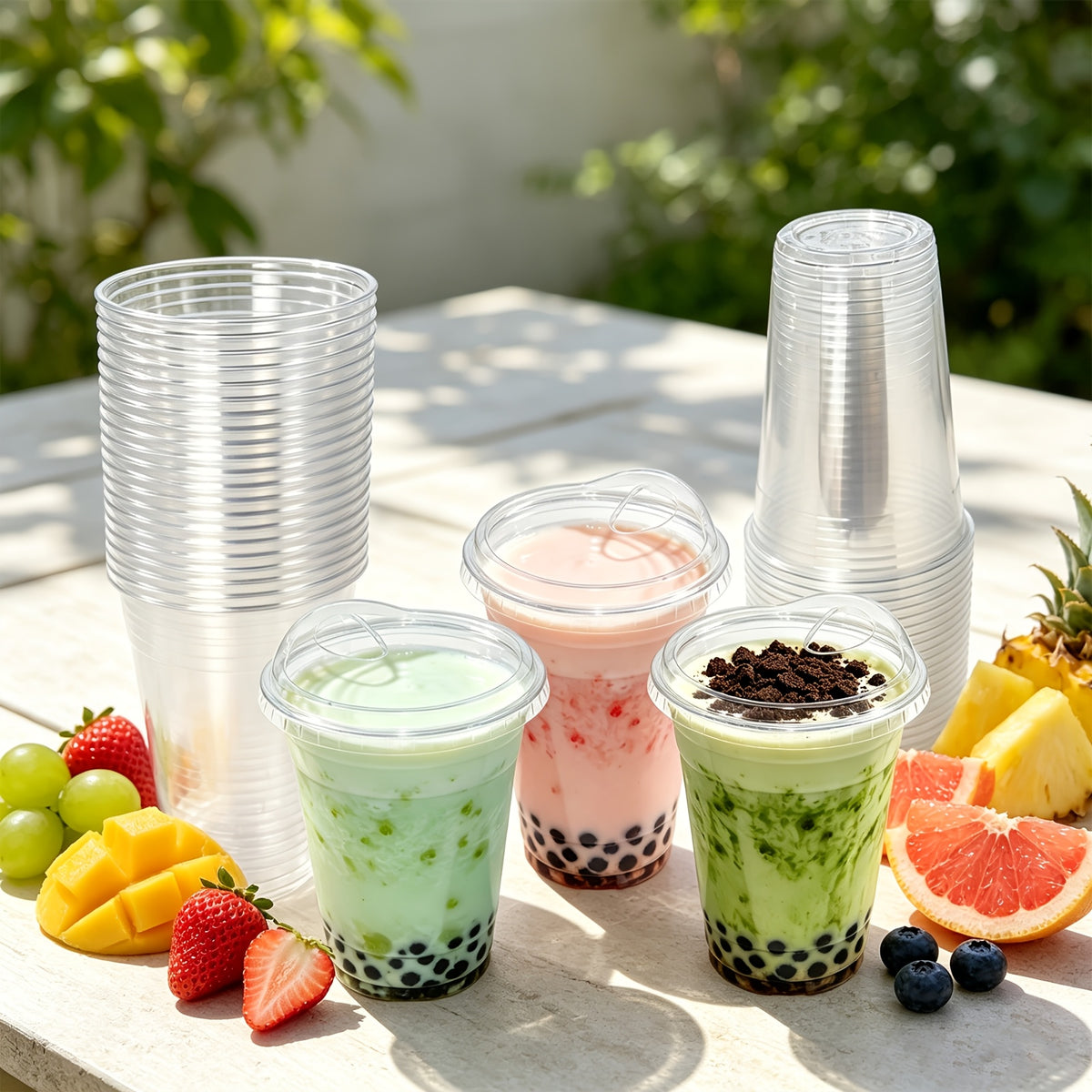 [100 Sets Of Plastic Cups with Lids]Frozen Cold Drink Storage Containers, Disposable Clear Plastic Cups with Lids, Iced Coffee Cups, Ideal for Iced Coffee, Smoothies, Milkshakes, Takeaway And Cold Drinks Perfect for Halloween, Christmas, And Parties