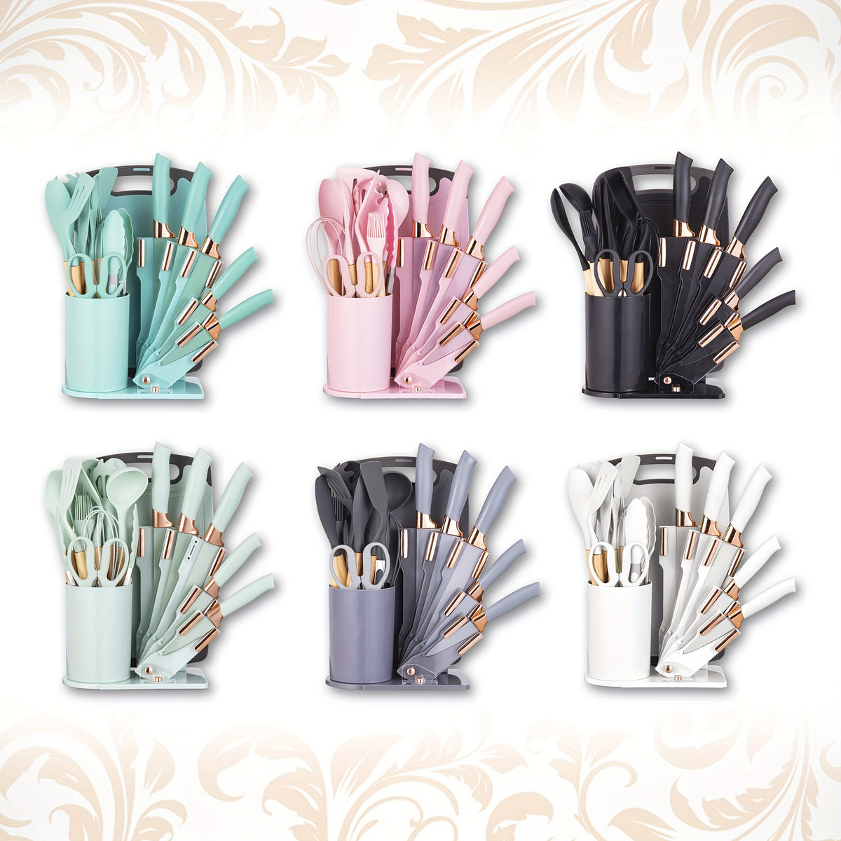 19pcs Kitchen Knife And Utensil Set, Non-Stick Black Knife Set with Wooden Handles, Silicone Cooking Tools, Cutting Board, Scissors And Holder, Best Gift for Parents
