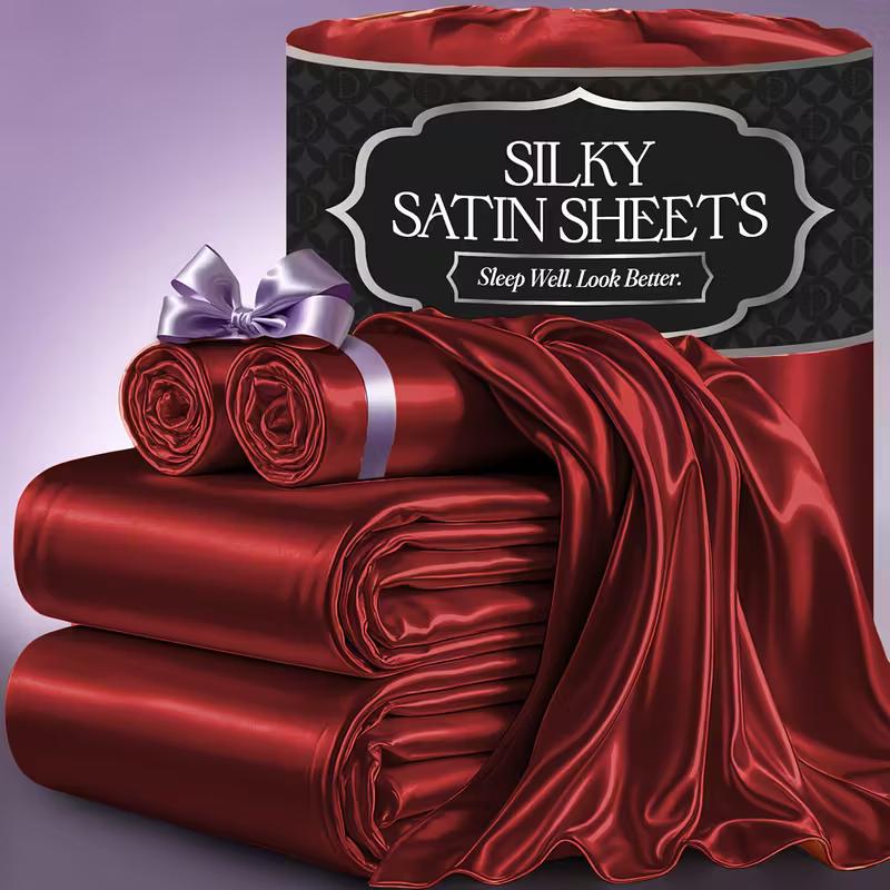 3/4pcs 2100TC Satin Sheets Queen Size Bed Set-Child Satin Bed Sheets Ultra Soft Satin Sheets Queen Set, Breathalbe Satin Bed Sheets Bed Sheets All Sizes Soft Satin Bedding for Bedroom 5 Star Luxury Hotel Experience W/ The Premium Satin Sheets