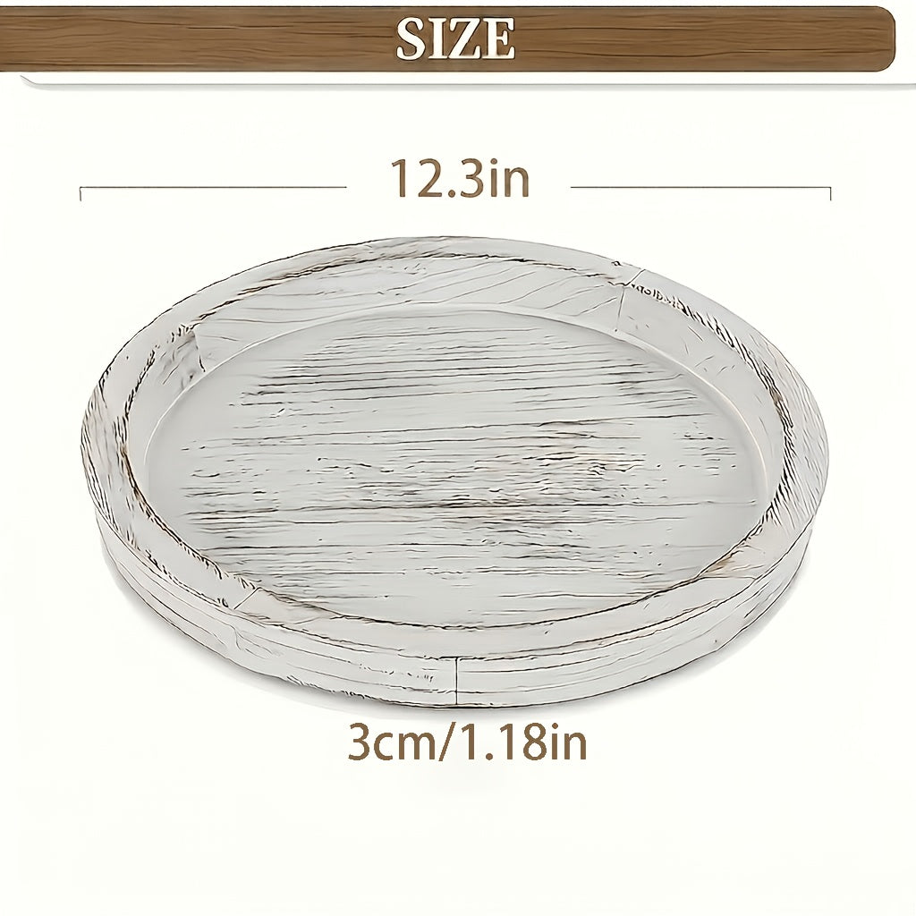 Rustic Round Wooden Decorative Tray, Distressed Wood Serving Tray for Coffee Table, Farmhouse Ottoman Tray for Living Room, Kitchen Counter Decor, Candle Holder Base, Non-Food Contact