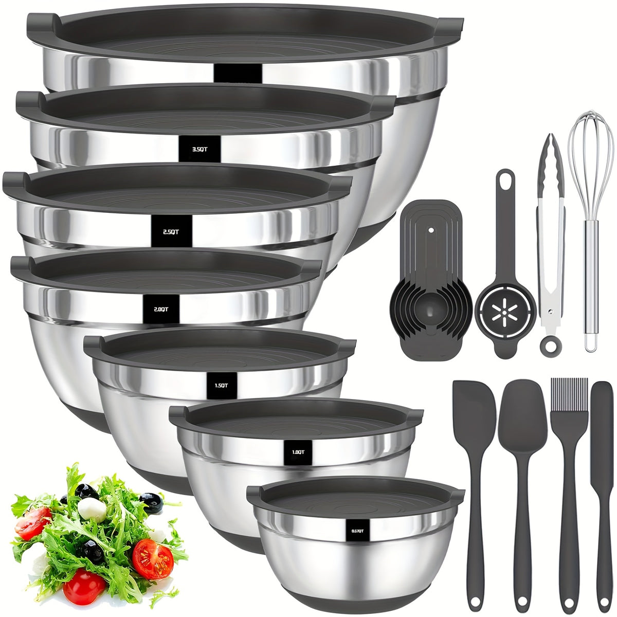 20pcs Mixing Bowls With Airtight Lids, Stainless Steel Metal Nesting Bowls, Non-Slip Colorful Silicone Bottom, Size 7, 3.5, 2.5, 2.0, 1.5, 1, 0.67QT, Great For Mixing, Baking, Serving