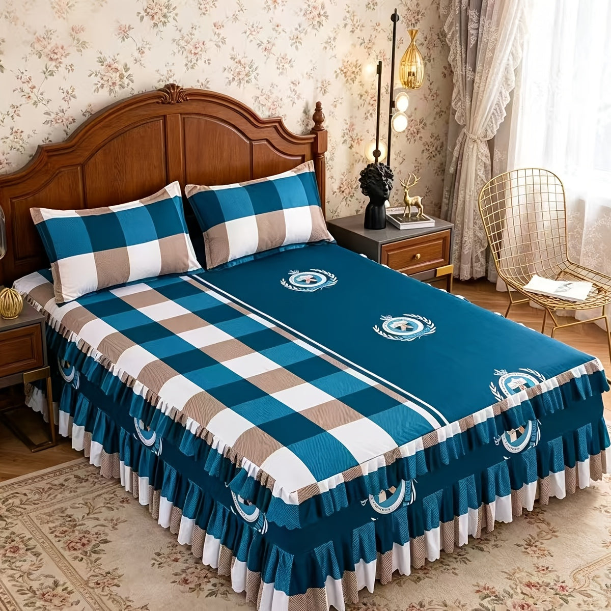 3pcs Tropical Floral Bed Skirt Set - Includes 1Non-slip Lace Bed Skirt And 2 Decorative Pillowcases All-season Polyester Bedding with Ruffles Machine Washable. Elegant Purple Color, Suitable for Bedrooms And Guest Rooms Bedding Set Without Inserts