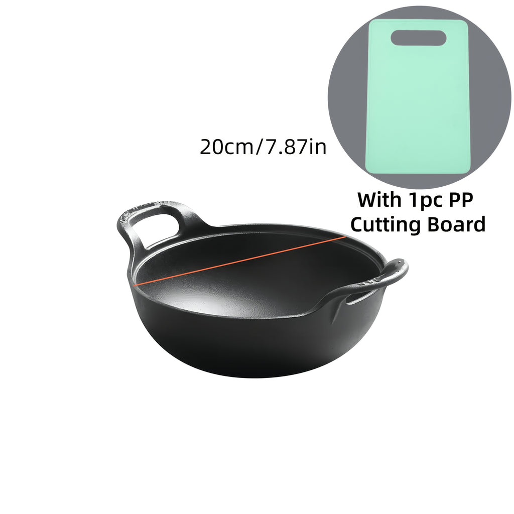 5 Sizes Cast Iron Wok, 7.87/ 9.84/ 10.62/ 11.81/ 12.59in Heavy-Duty Cast Iron Skillet, Traditional Uncoated Deep Stir-Fry Pan, Multi-functional Kitchen Cookware, Durable Cooking Pot with Dual Handles, Grilling Steaks & Baking, Ideal for Home, Outdoor