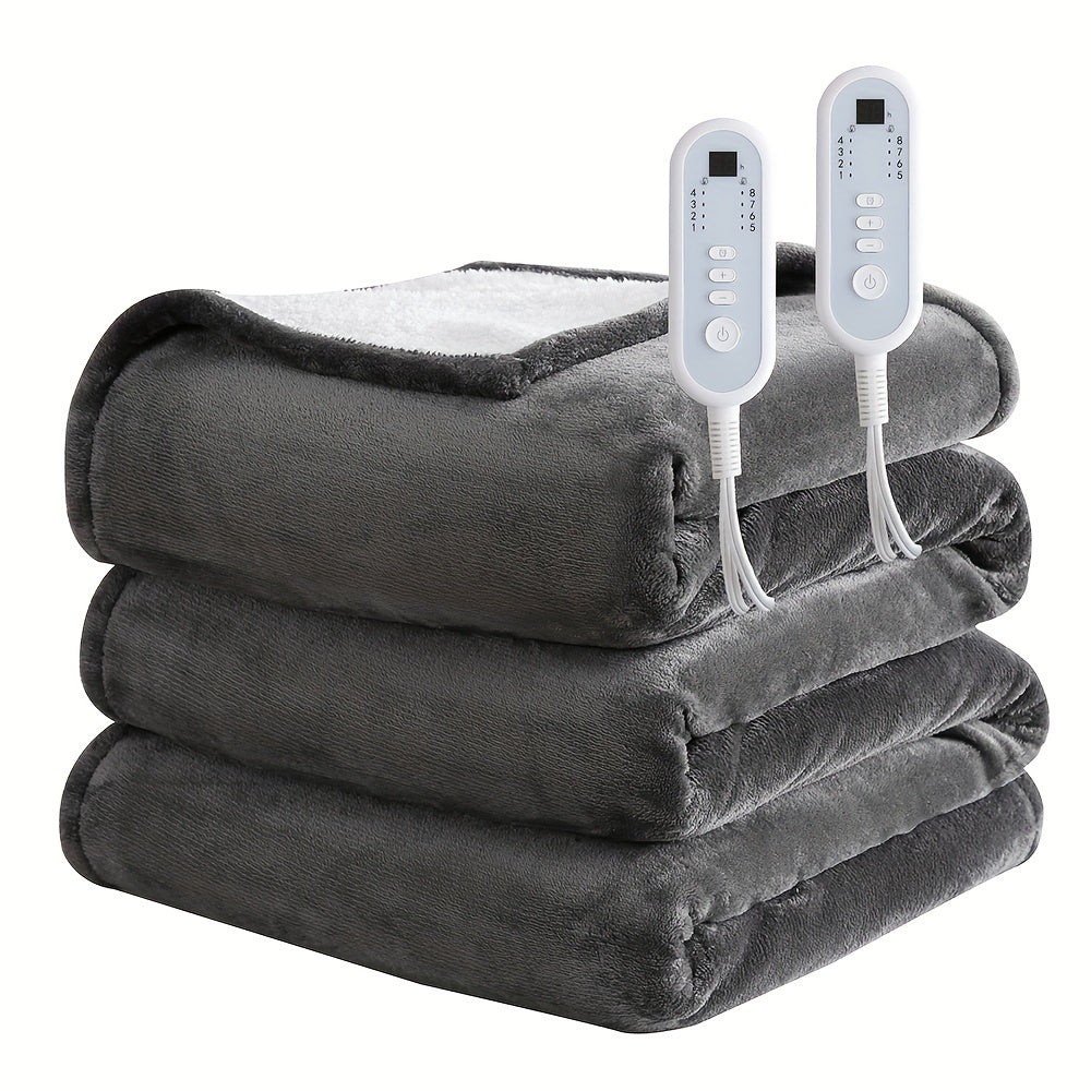 Extra Large Flannel And Electric Blanket with Time And Temperature Control, 10 Hour Auto-Off, 8 Temperature Levels, Queen/King Two Controllers, Throw/Twin/Full with 1 Controller, Machine Washable, PTC+NTC Overheat Protection