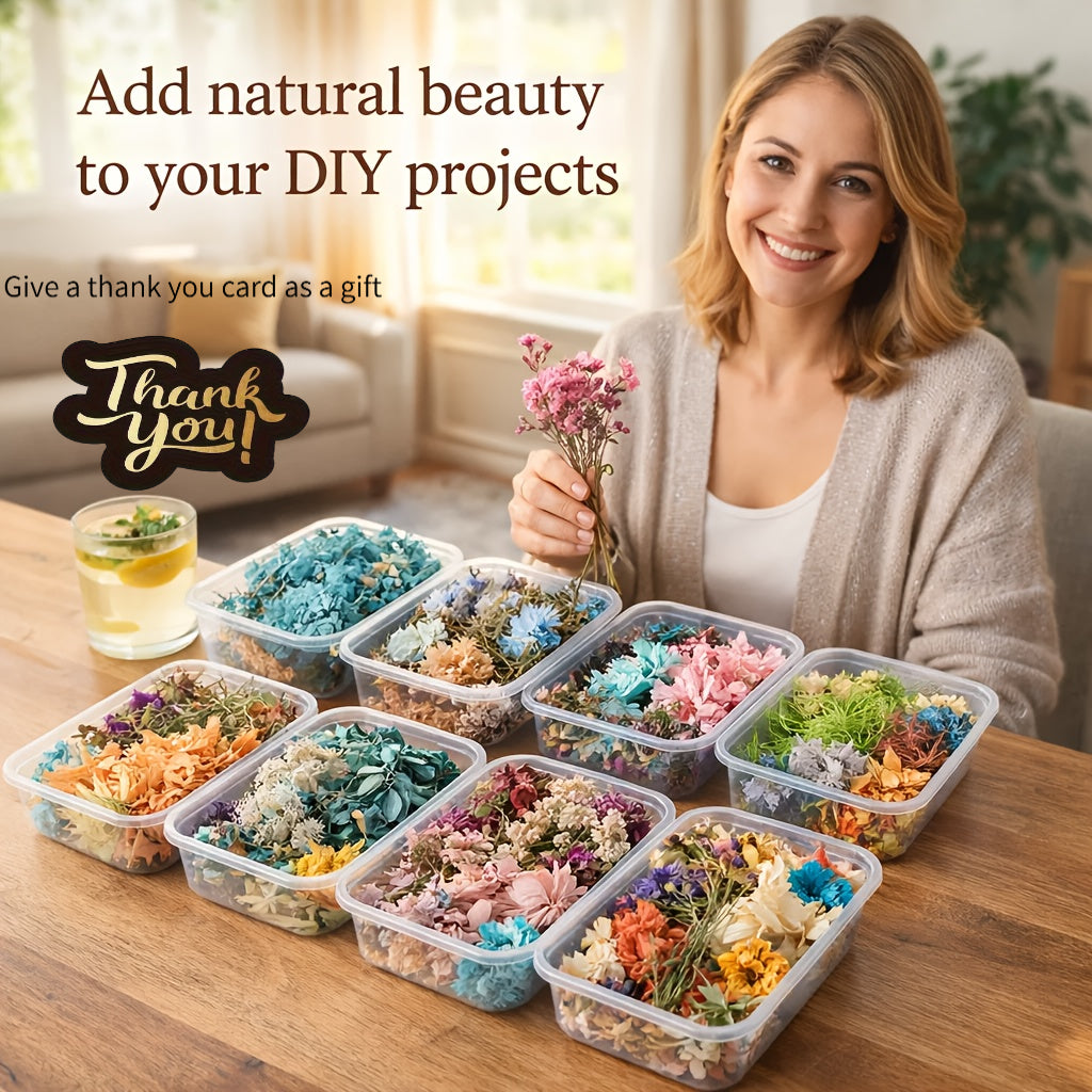 4 Boxes of Mixed Dried Flower Bouquet Sets - Decorative Materials with Dried Flowers And Leaves, Suitable for Resin Jewelry, Art Crafts, And Holiday Decorations (Includes a Greeting Card)