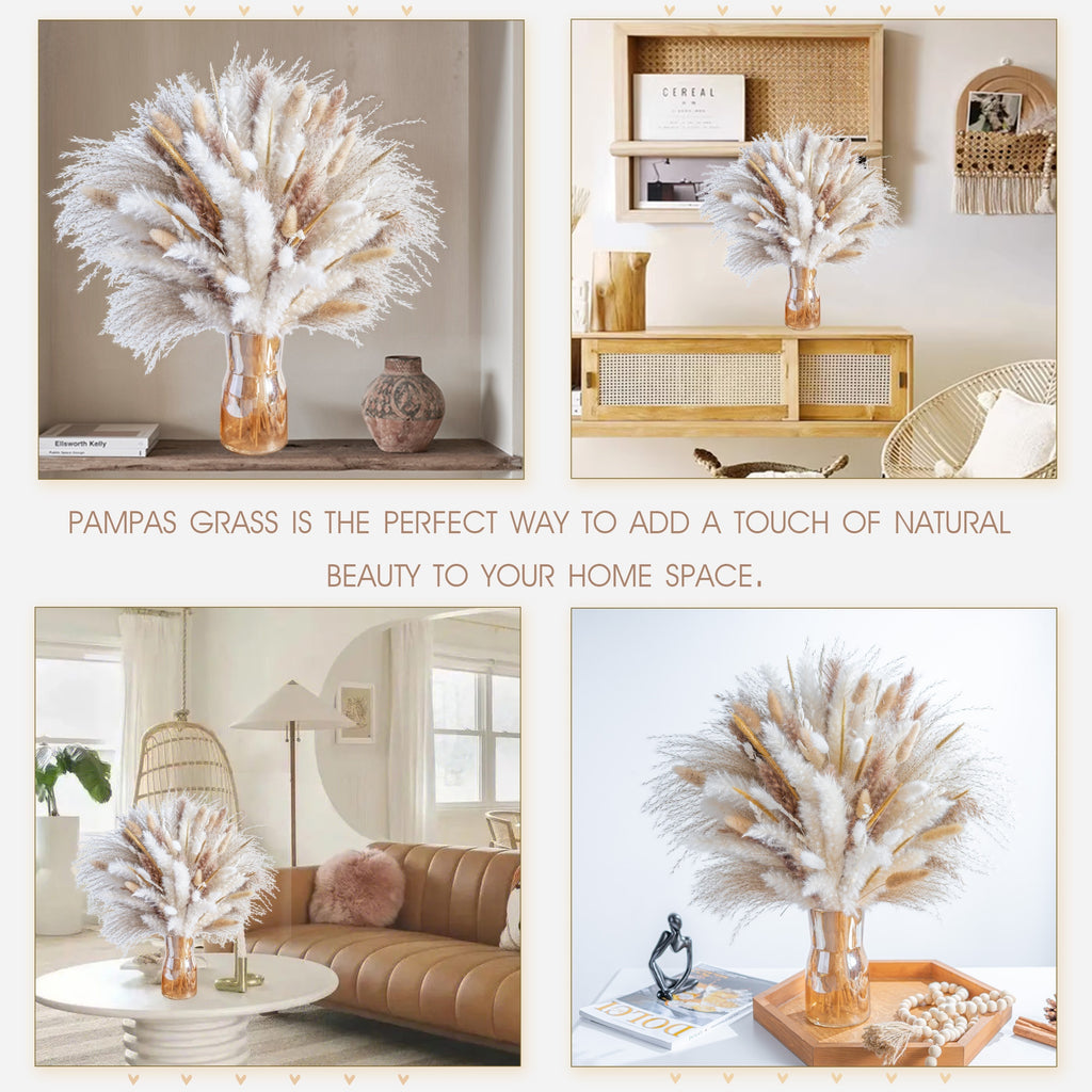 Dried Pampas Grass Decor, 120pcs Pampas Grass with Bunny Tails Dried Flowers, Reed Grass Bouquet for Wedding, Boho Flowers, Home Table Decor, Rustic Farmhouse Party
