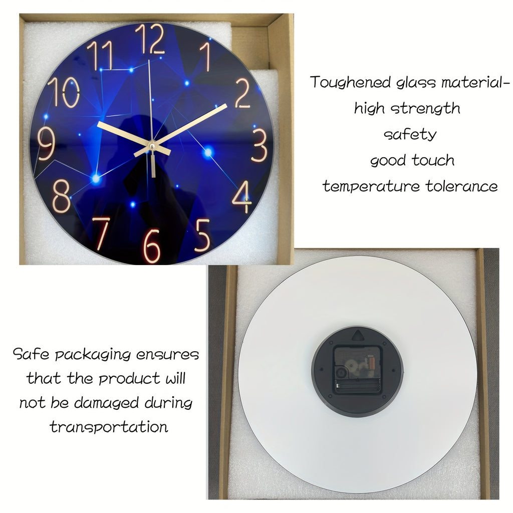 Large Modern Blue Glass Wall Clock - Dark Blue Accessories, 12-24 Inch Silent Quartz Clock, Battery-powered, Suitable for Living Room, Bedroom, Office Decorative Clock, Housewarming Gift, Home Decoration, Fantasy-style Design