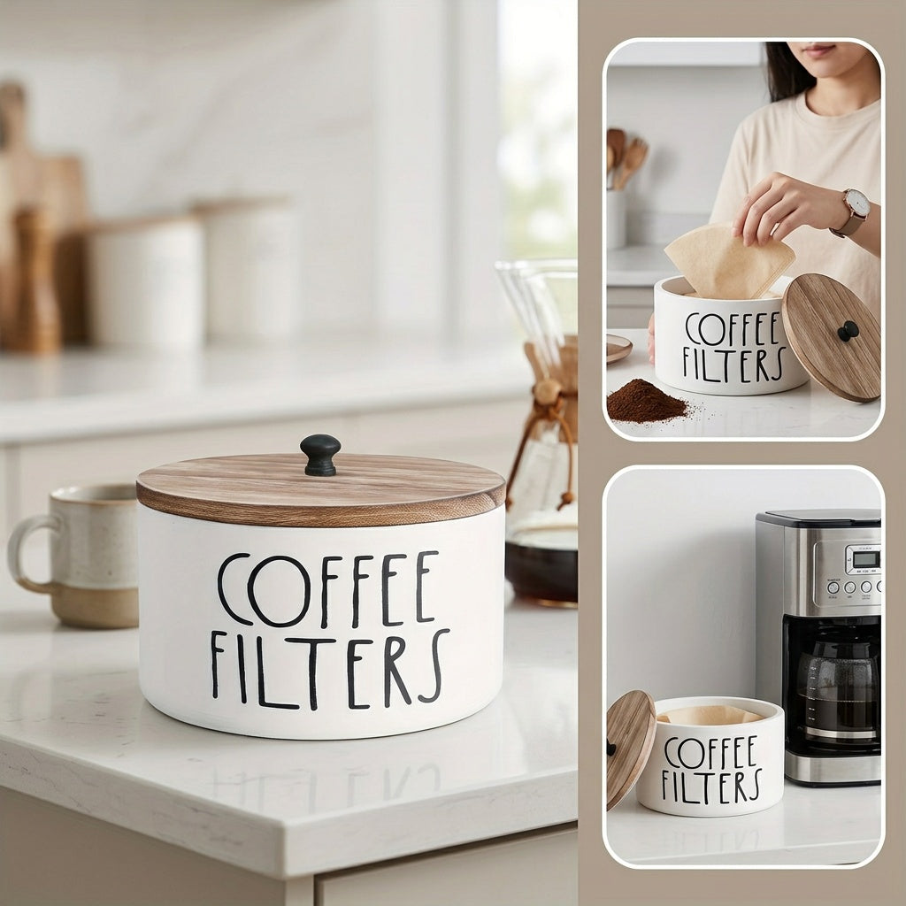 Wooden Coffee Filter Holder with Lid, Round Solid Wood Storage Container in Black or White for Rustic Farmhouse Coffee Bar and Kitchen Countertop Organization