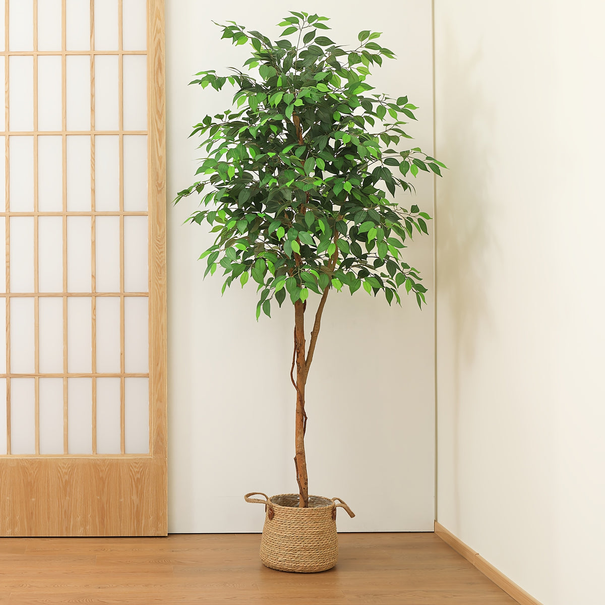 Tall Artificial Ficus Tree - Fake Greenery Potted Plant with Natural Wood Trunk And Lifelike Leaves-Elegant Indoor Outdoor Living Room Home Decor
