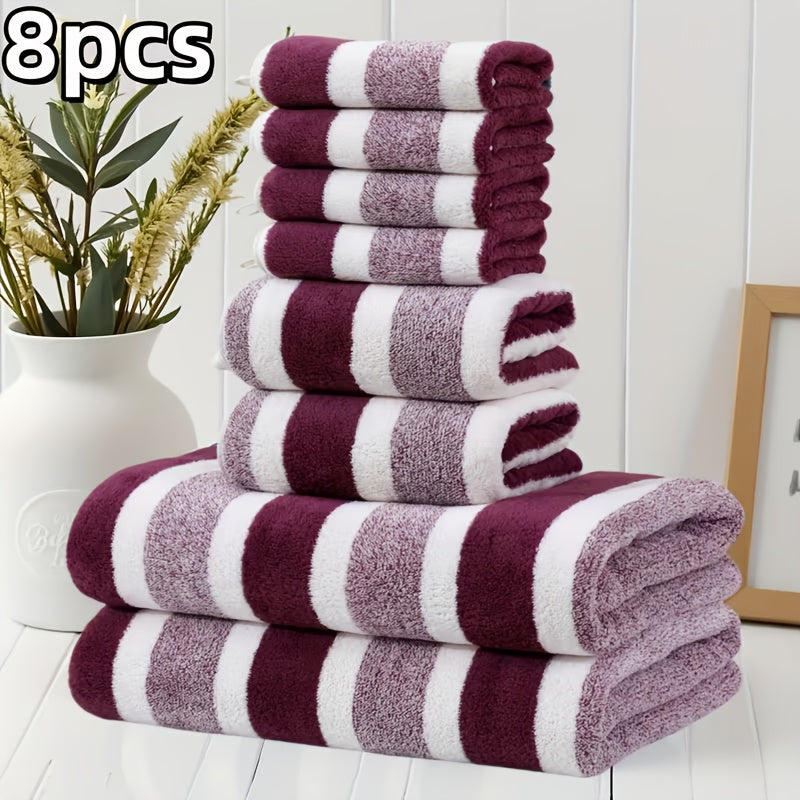 8pcs Lint-Free Super Absorbent Soft Five-Star Hotel Standard Two-Color Striped Spaced Bath Towel Set, Including 2 Large Bath Towels, 2 Medium Bath Towels And 4 Small Bath Towels, Wash Cloths